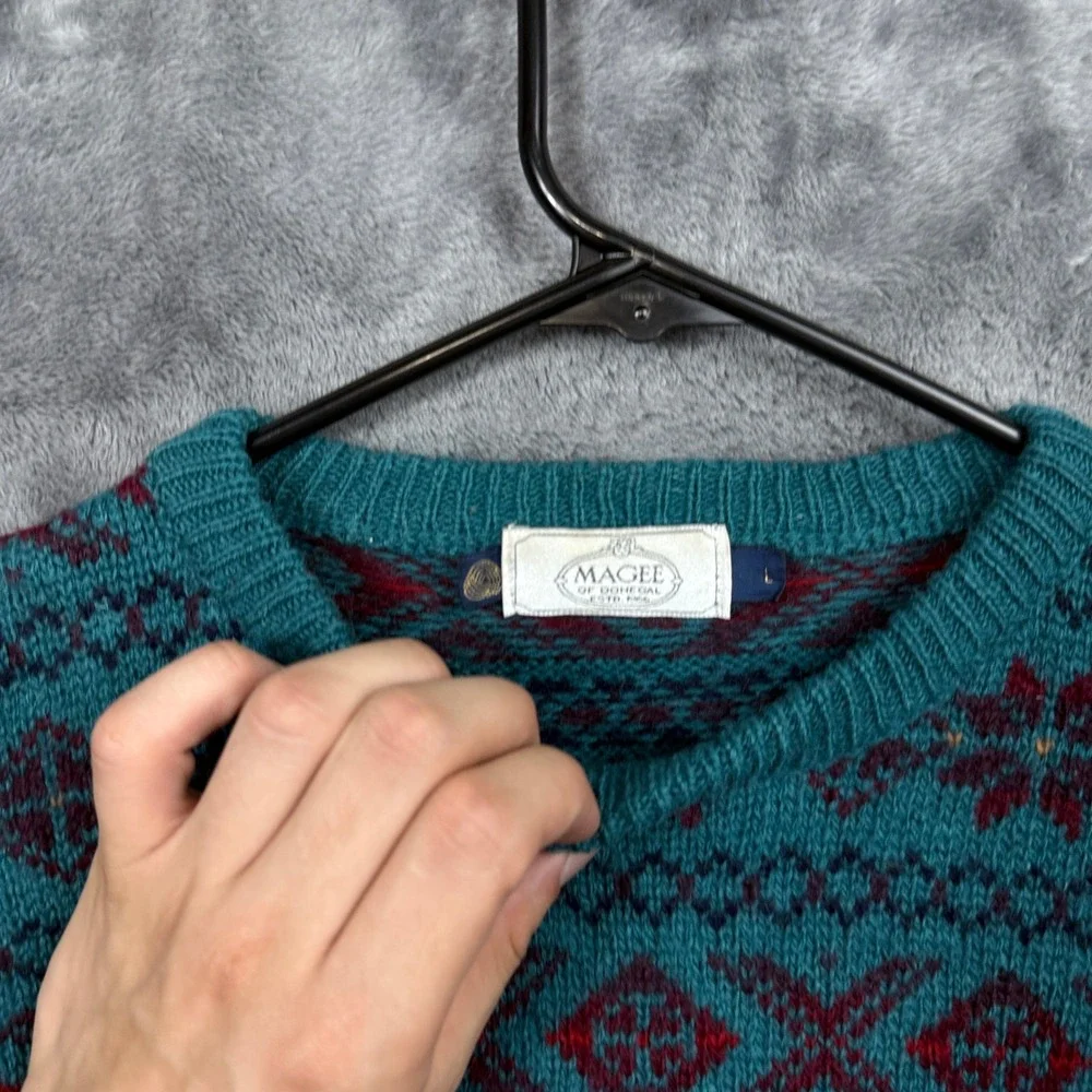 Magee of Donegal Sweater Mens L Teal Green Fair Isle Wool Knit Ireland 10351